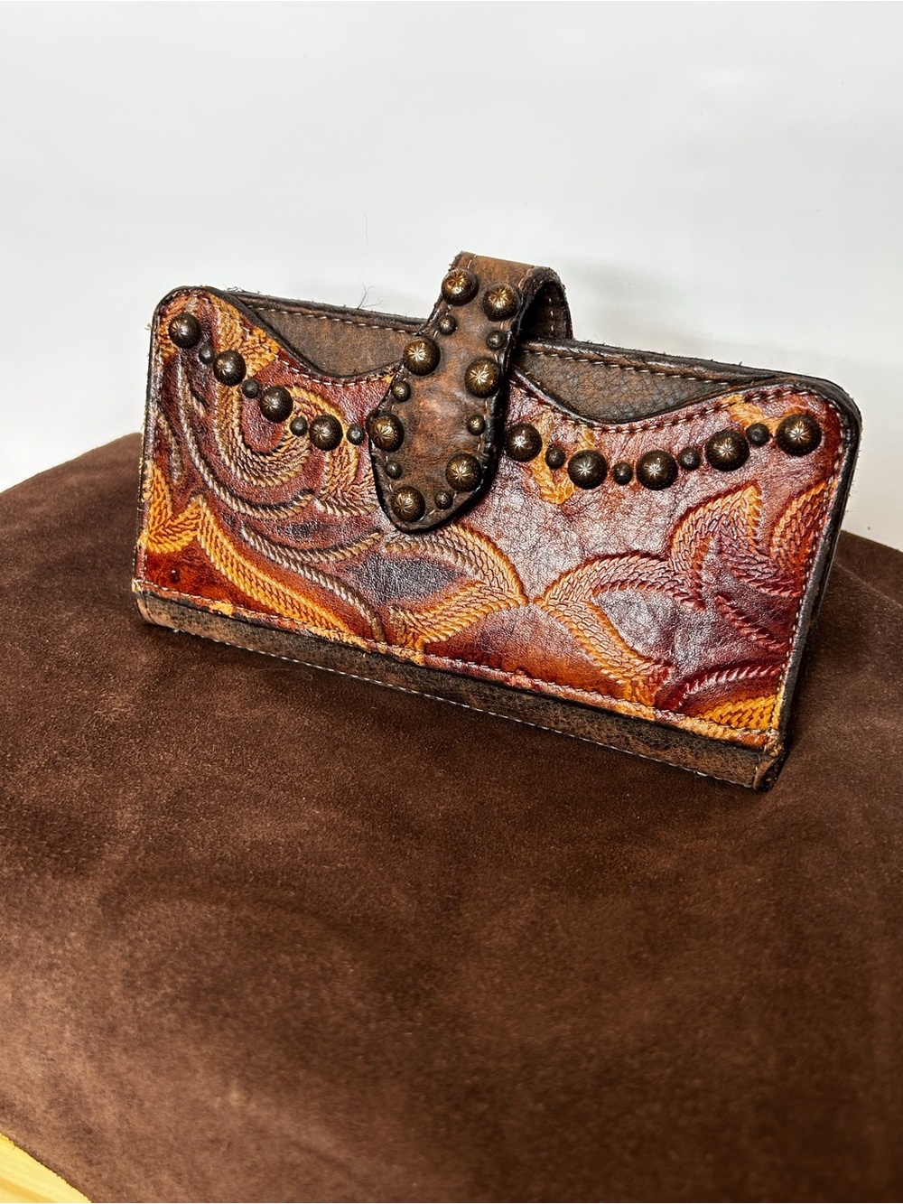Stud Accent Leather wallet & Card Holder — Brown